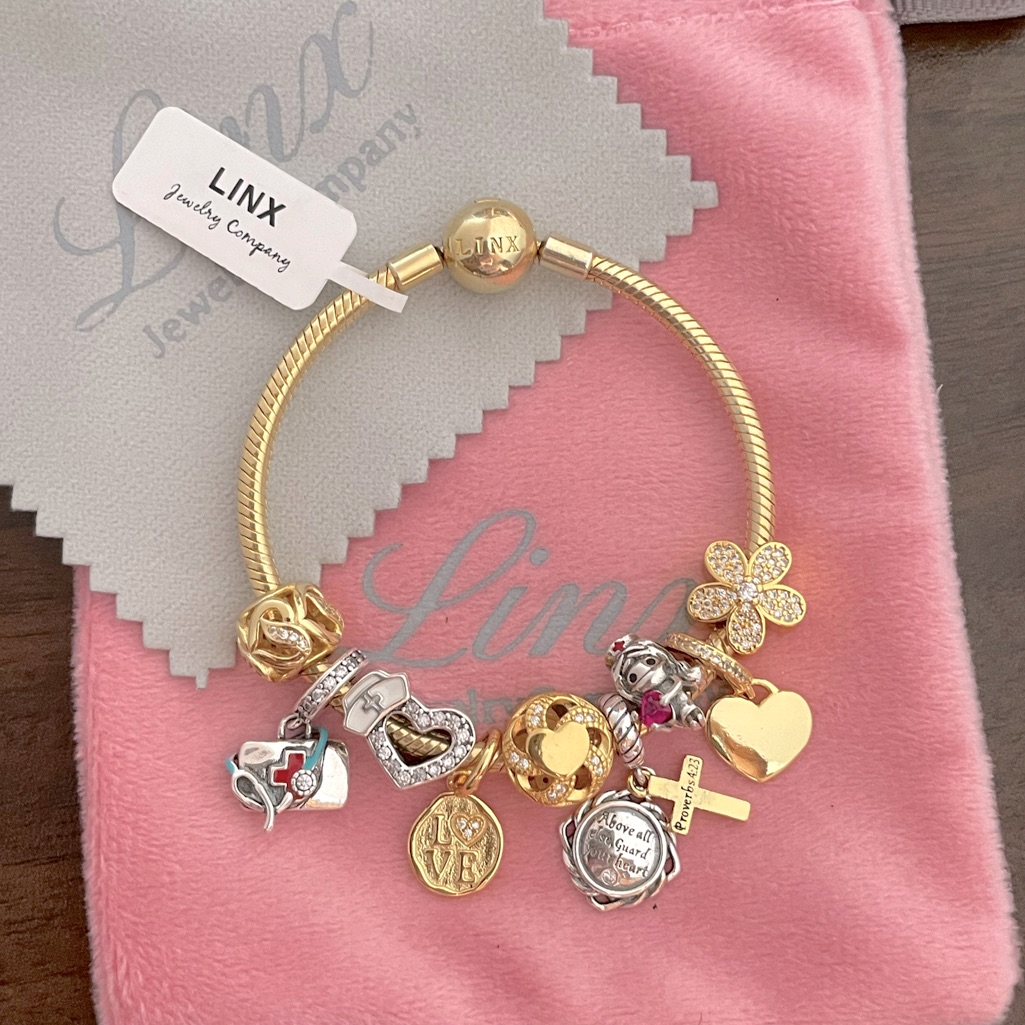 Linx Yellow Gold Snake Chain Bracelet With Religious Nurse Themed Charms